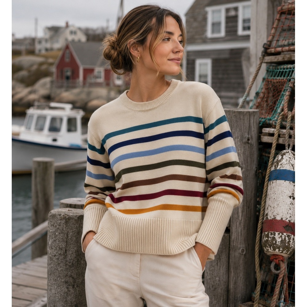 Gap Sweater Womens XL Cream Multi Color Stripe Cotton Crewneck Coastal Preppy